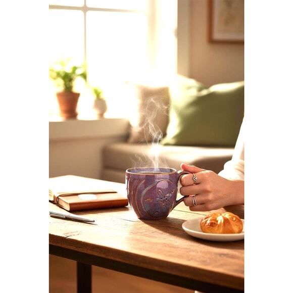 Sand Dollar Sculpted Stoneware Coffee Mug in Rust, Pink & Blue Glazes - Picture 9 of 13